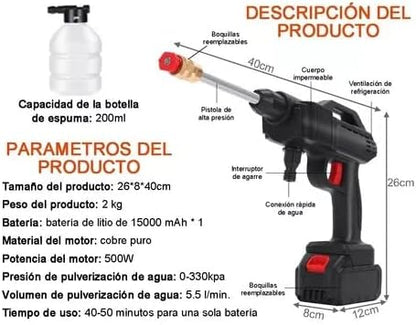 Pistola de Lavado de Alta Presión Inalámbrica - Hidrolavadora Portátil para Coches, Pisos y Jardines