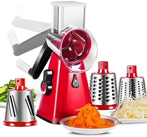 Rotary Cheese Grater with 3 Stainless Steel Blades - Multifunctional Round Cutter for Vegetables and Fruits