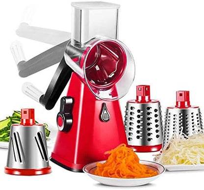 Rotary Cheese Grater with 3 Stainless Steel Blades - Multifunctional Round Cutter for Vegetables and Fruits