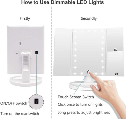 Espelho de maquiagem iluminado por LED - tela sensível ao toque, ampliação de 3x e rotação ajustável