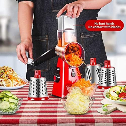 Rotary Cheese Grater with 3 Stainless Steel Blades - Multifunctional Round Cutter for Vegetables and Fruits