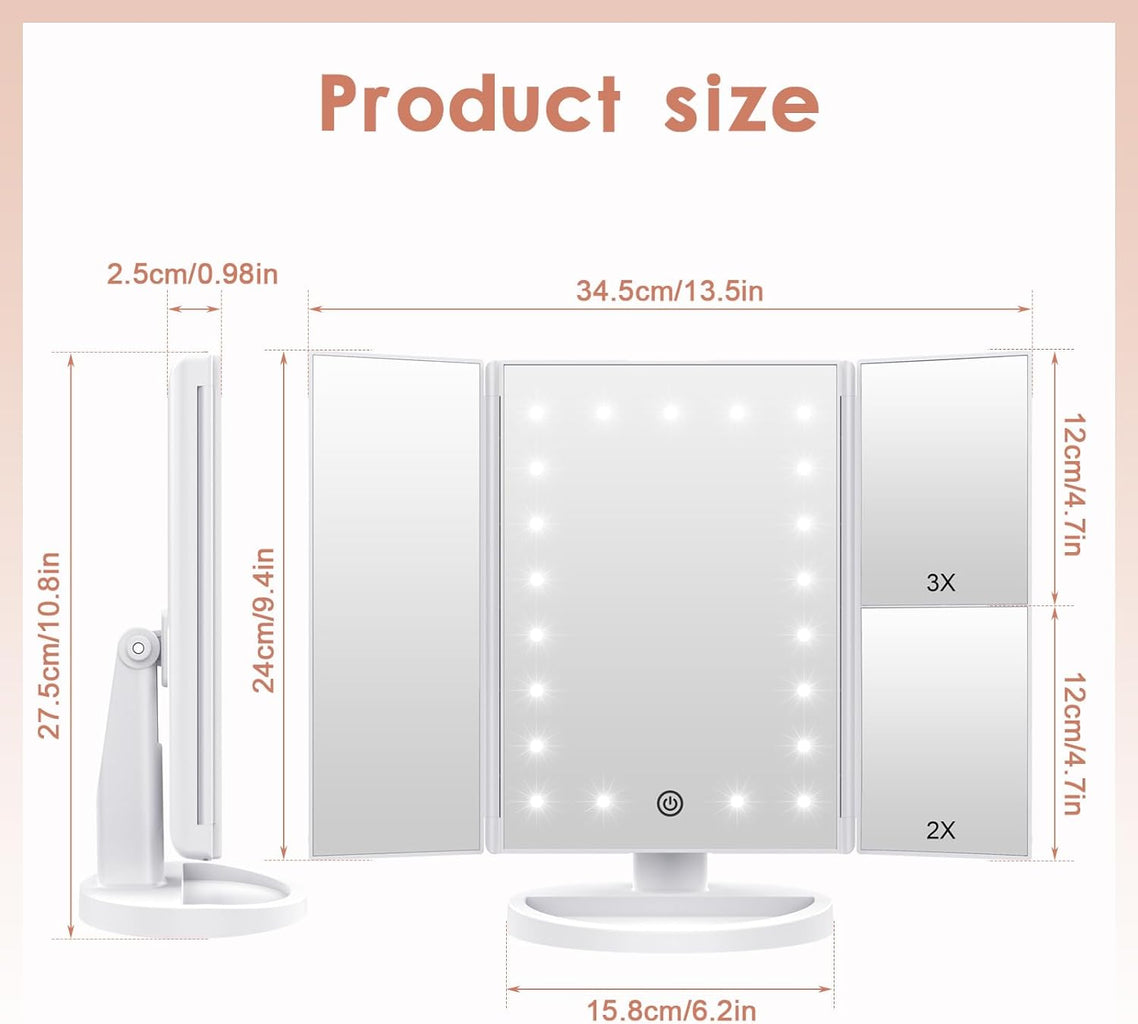 LED Lighted Makeup Vanity Mirror - Touch Screen, 3 Magnification and Adjustable Rotation