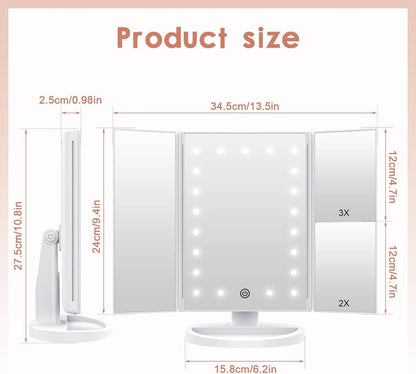 LED Lighted Makeup Vanity Mirror - Touch Screen, 3 Magnification and Adjustable Rotation