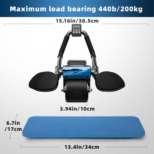 Abdominal Roller with Automatic Rebound and Double Stable Wheels - Includes Knee Mat