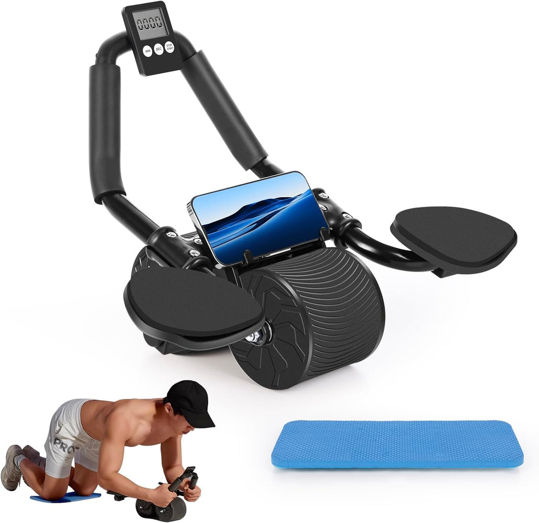 Abdominal Roller with Automatic Rebound and Double Stable Wheels - Includes Knee Mat