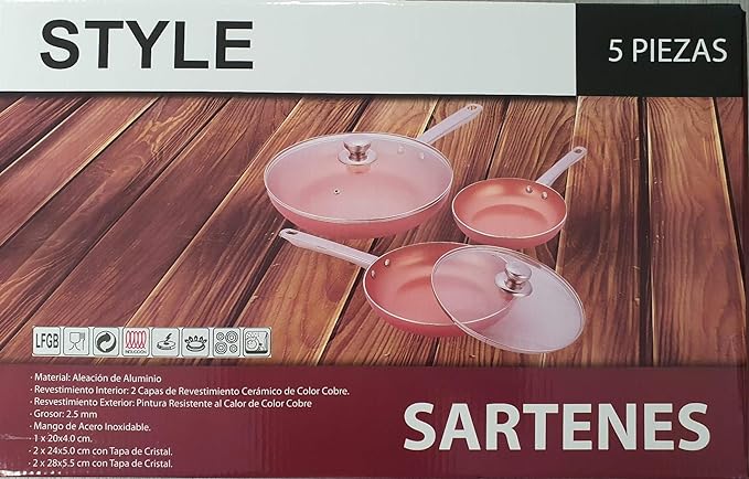 Style 5 Piece Frying Pan Set - 20cm/24cm/28cm, Copper Ceramic Coating