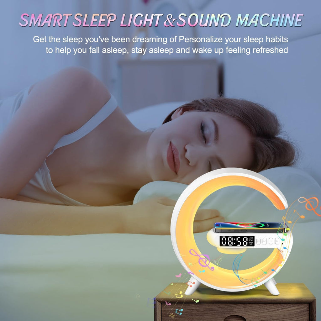 Smart LED Desk Lamp - Ambient Light with Wireless Charging, Alarm Clock and Bluetooth Speaker