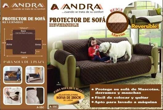 Protector de Sofá ANDRA - Reversible, 3 Plazas, Chocolate-Beige, 280 cm